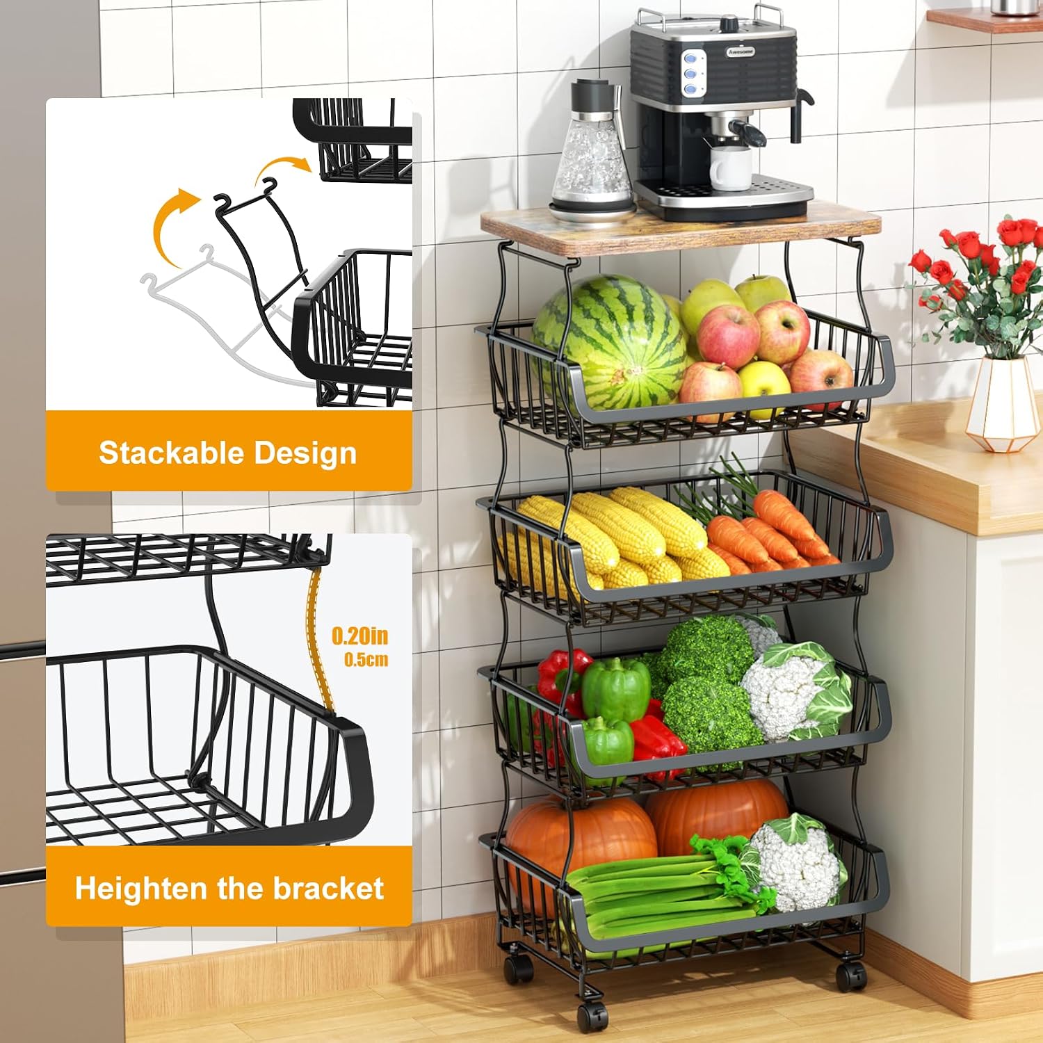 Gsiekare Fruit Vegetable Basket for Kitchen, 5 Tier Stackable Fruit Vegetable Storage Baskets with Wheels, Metal Wire Storage Basket Organizer Baskets for Kitchen, Pantry, Bathroom
