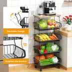 Gsiekare Fruit Vegetable Basket for Kitchen, 5 Tier Stackable Fruit Vegetable Storage Baskets with Wheels, Metal Wire Storage Basket Organizer Baskets for Kitchen, Pantry, Bathroom