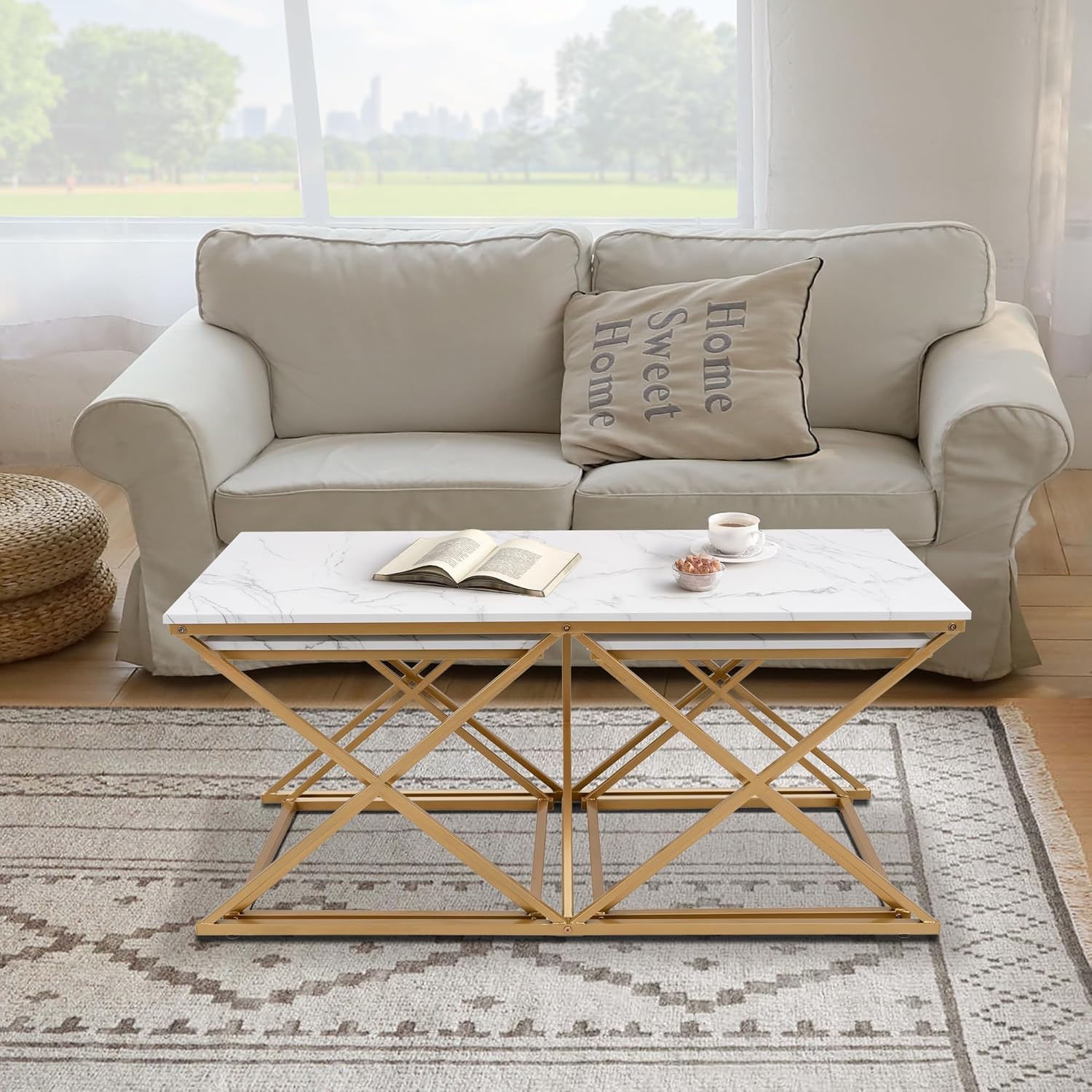 unipaws Modern Nesting Coffee Table Set of 3, Faux Marble Top with Golden Frame, Coffee Table with 2 Square End Side Tables, Perfect for Living Room, Apartment, Office
