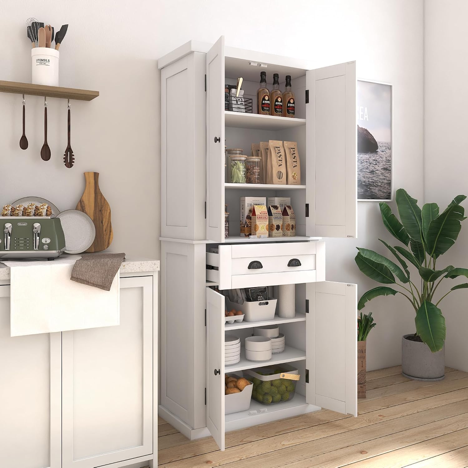 72" Kitchen Pantry Storage Cabinet, Traditional Freestanding Cupboard with 4 Doors and Adjustable Shelves, Large Central Drawer, White,15.75 * 30 * 72