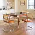 GrandNoor Rattan Dining Chairs Set of 4, Faux Leather Mid Century Modern Dining Room Chairs, Mesh Back Cane Kitchen Chair, Cesca Design Chairs with Metal Chrome Legs, Brown Leather