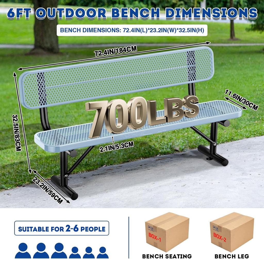 Heavy Duty Park Bench for Outside, Metal Park Bench with Back Portable Frame, Outdoor Steel Mesh Garden Bench with Backrest for Garden, Lawn, Patio, Porch, Park, Yard (Grey, 6FT/73INCH)