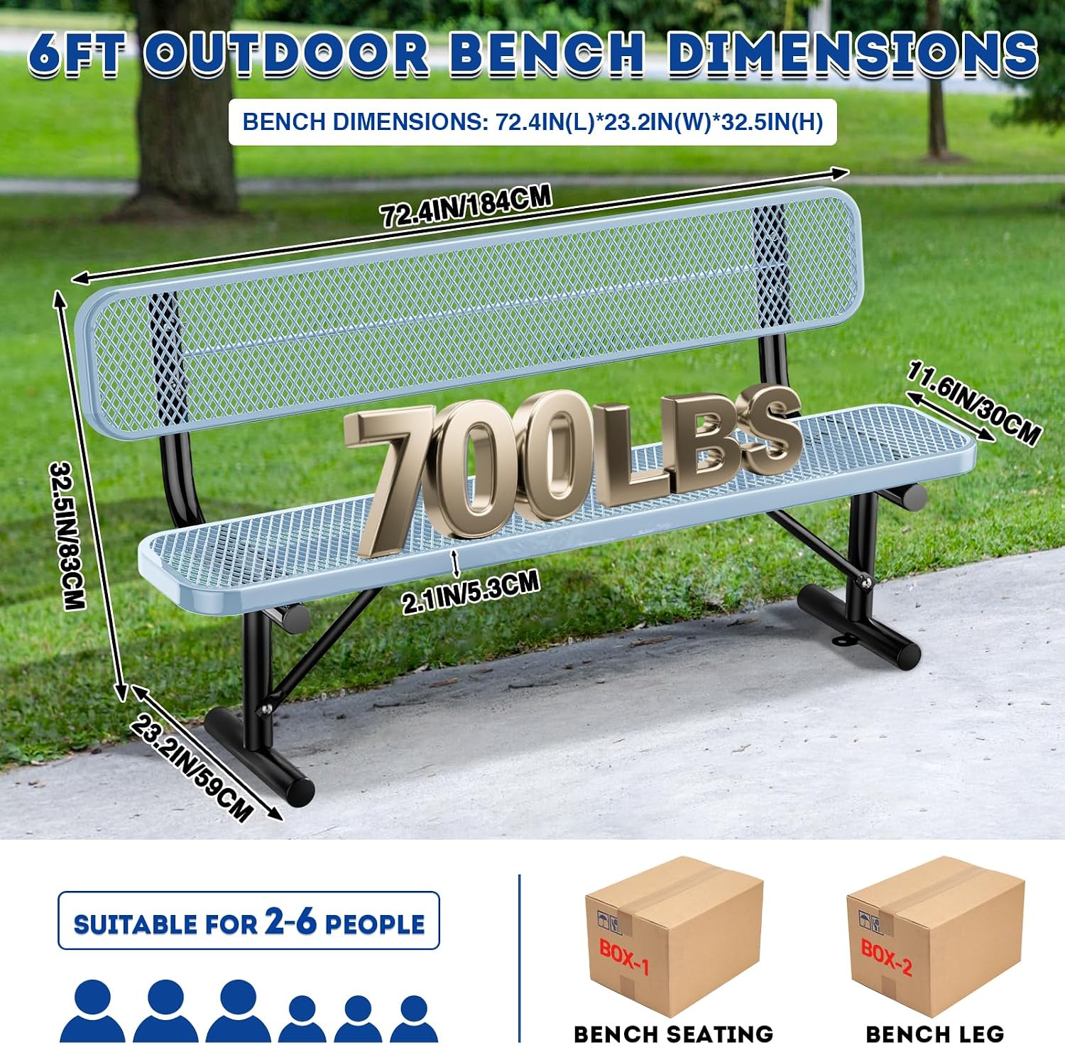 Heavy Duty Park Bench for Outside, Metal Park Bench with Back Portable Frame, Outdoor Steel Mesh Garden Bench with Backrest for Garden, Lawn, Patio, Porch, Park, Yard (Grey, 6FT/73INCH)