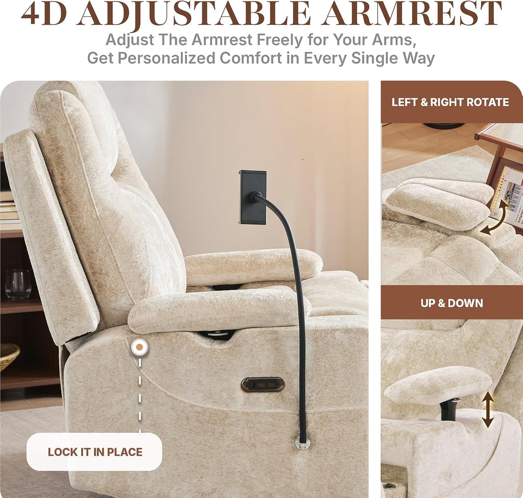 360° Swivel Rocker Recliner Chair for Adults, Rocking Chair Nursery with Massage and Heat, Chenille Fabric Recliner with Cup Holders & Side Pocket for Living Room