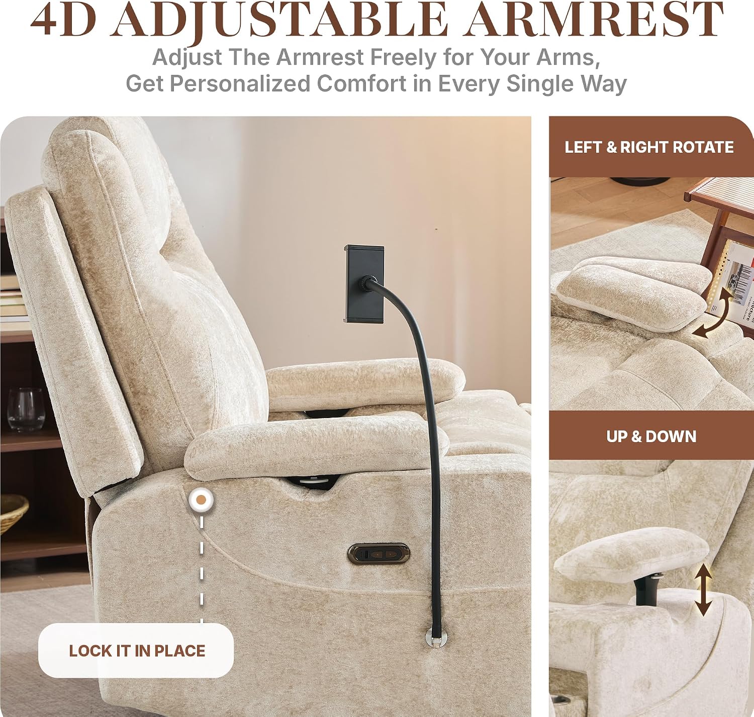 360° Swivel Rocker Recliner Chair for Adults, Rocking Chair Nursery with Massage and Heat, Chenille Fabric Recliner with Cup Holders & Side Pocket for Living Room