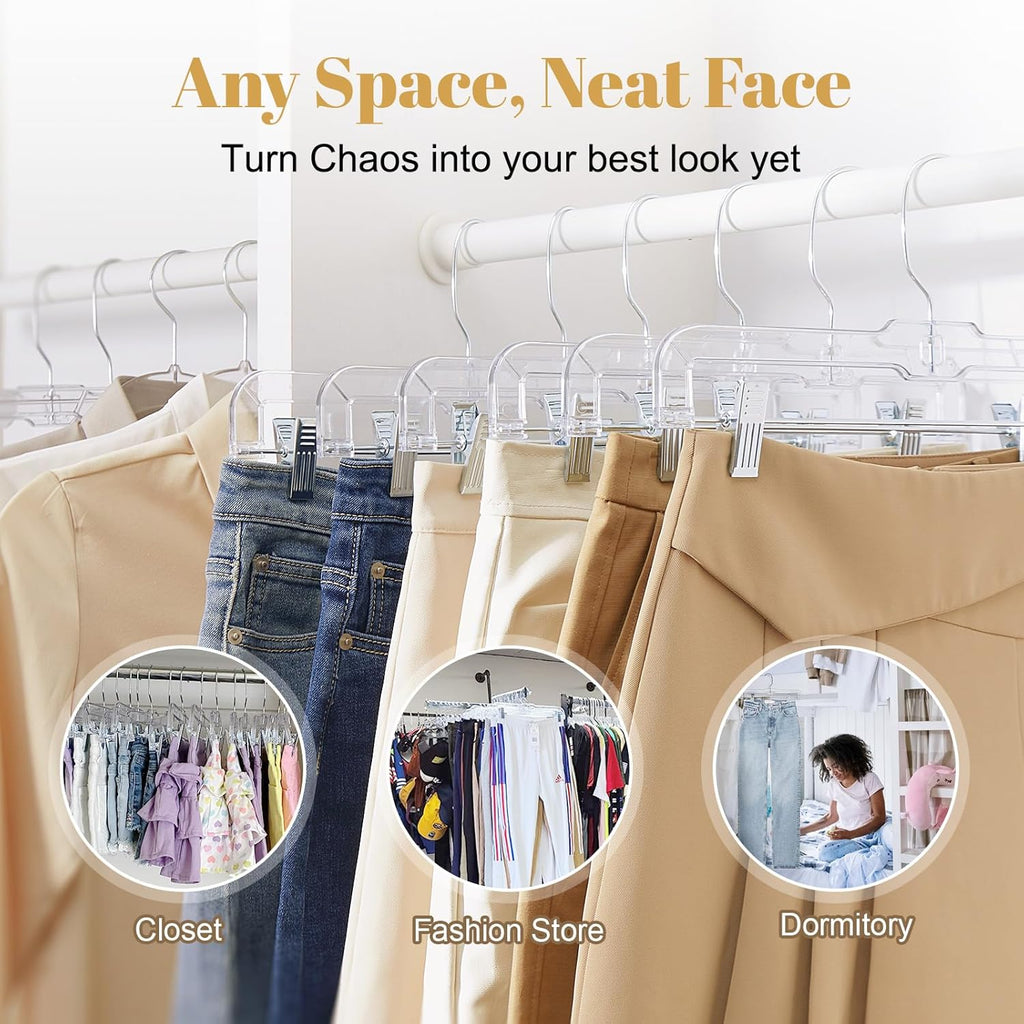 HOUSE DAY 200 Pack Pants Hangers with Adjustable Clips and 360° Swivel Hook, Non-Slip Clear Plastic Skirt Hangers for Pants, Jeans, Skirts, Trousers, Bulk Hangers for Closet Organization