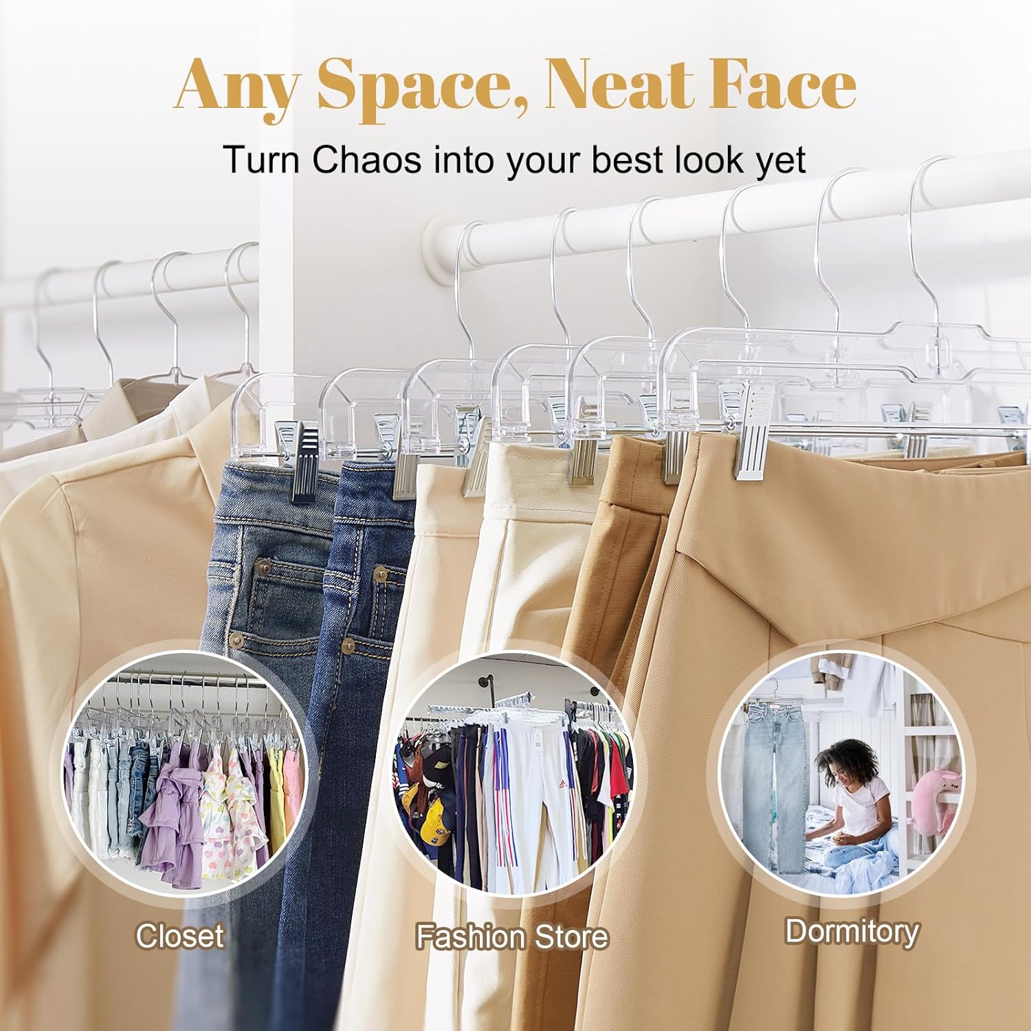 HOUSE DAY 200 Pack Pants Hangers with Adjustable Clips and 360° Swivel Hook, Non-Slip Clear Plastic Skirt Hangers for Pants, Jeans, Skirts, Trousers, Bulk Hangers for Closet Organization