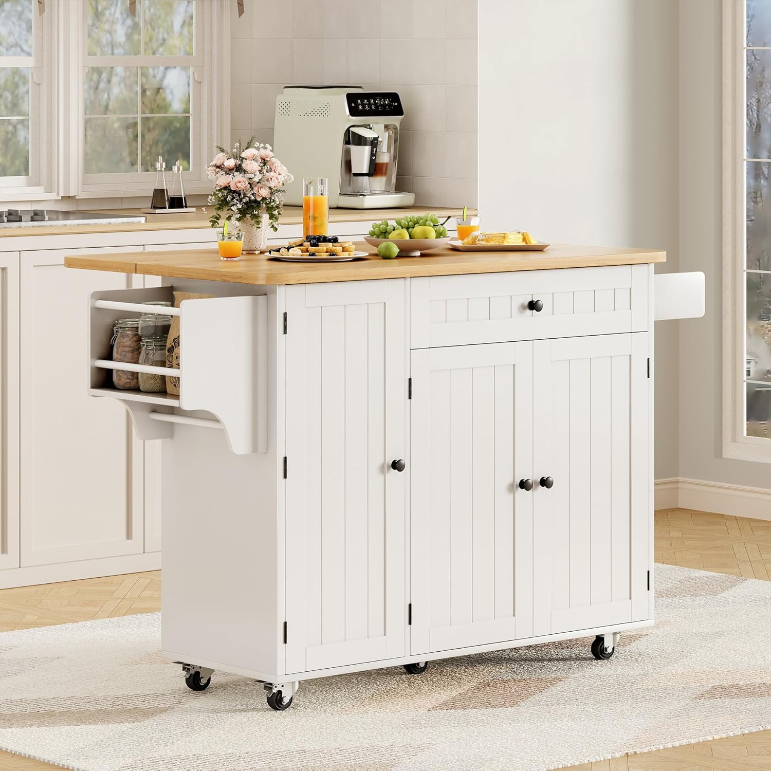 GRUSIGN Kitchen Island with Storage, 41.7" Rolling Cart with Drop Leaf, Portable Island Table on Wheels, Spice Rack, Towel Rack and Drawer, White, 41.7" L x 29.5" W
