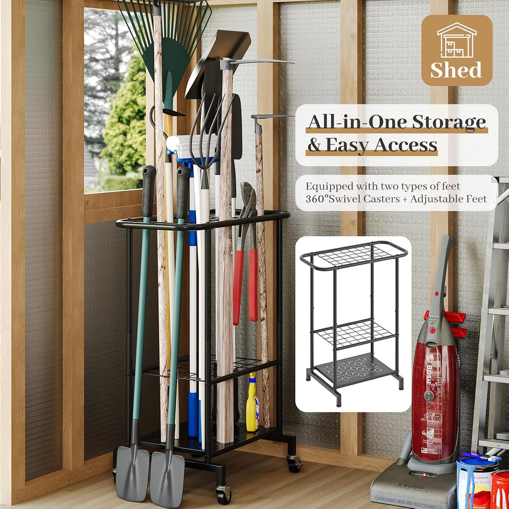 Garden Tool Organizer with Wheels, Heavy Duty Metal Garage Tool Storage Rack, Yard Tool Holder for Long-Handled Tools, Rakes and Brooms, Indoor and Outdoor Use for Shed, Patio