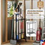 Garden Tool Organizer with Wheels, Heavy Duty Metal Garage Tool Storage Rack, Yard Tool Holder for Long-Handled Tools, Rakes and Brooms, Indoor and Outdoor Use for Shed, Patio