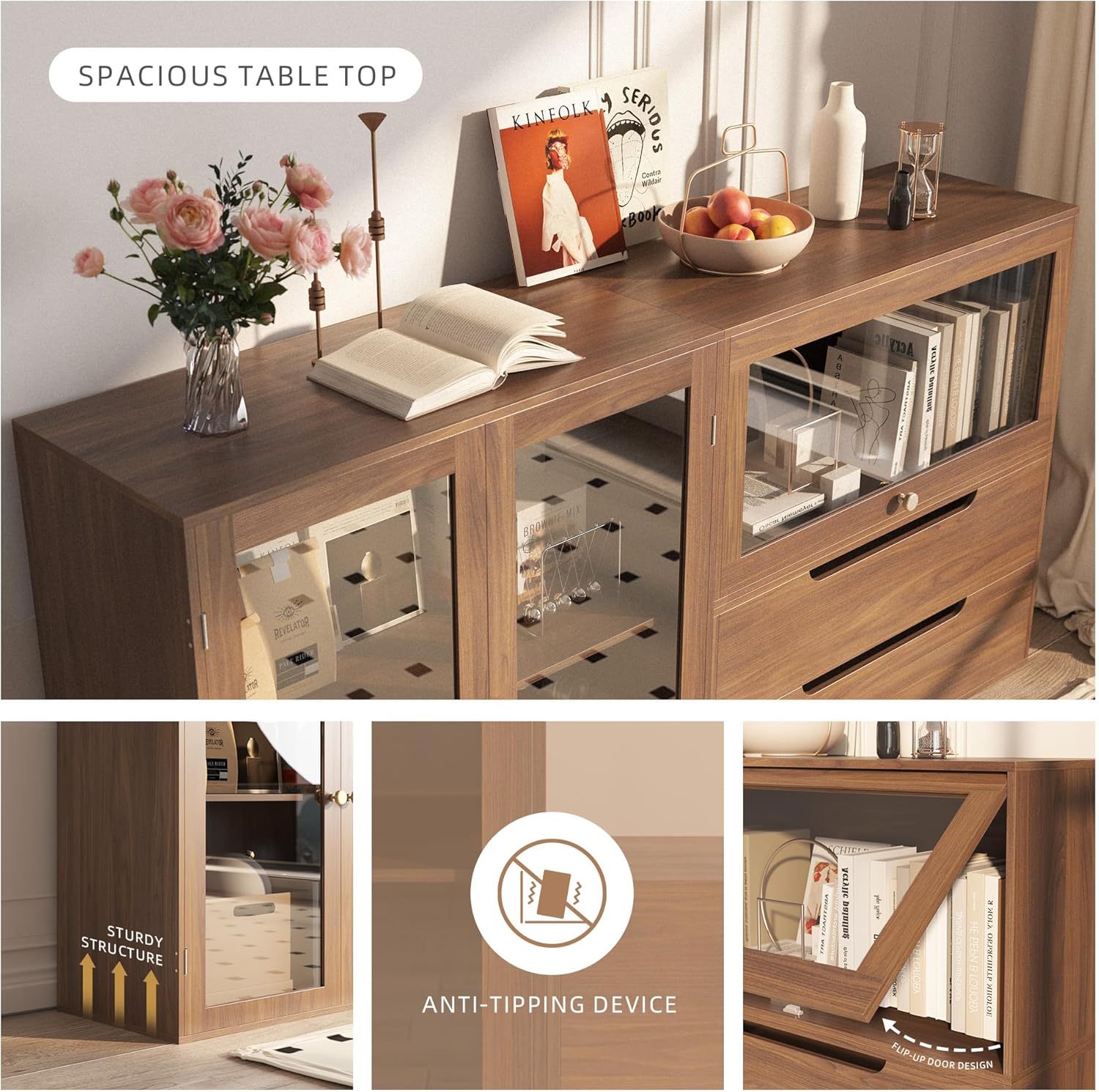 DIY Storage Cabinet 63'' Walnut - Glass Doors & Drawers Sideboard Buffet, Modern Coffee Bar for Living Room Kitchen Dining Entryway (Easy Assembly, Anti-Tip)
