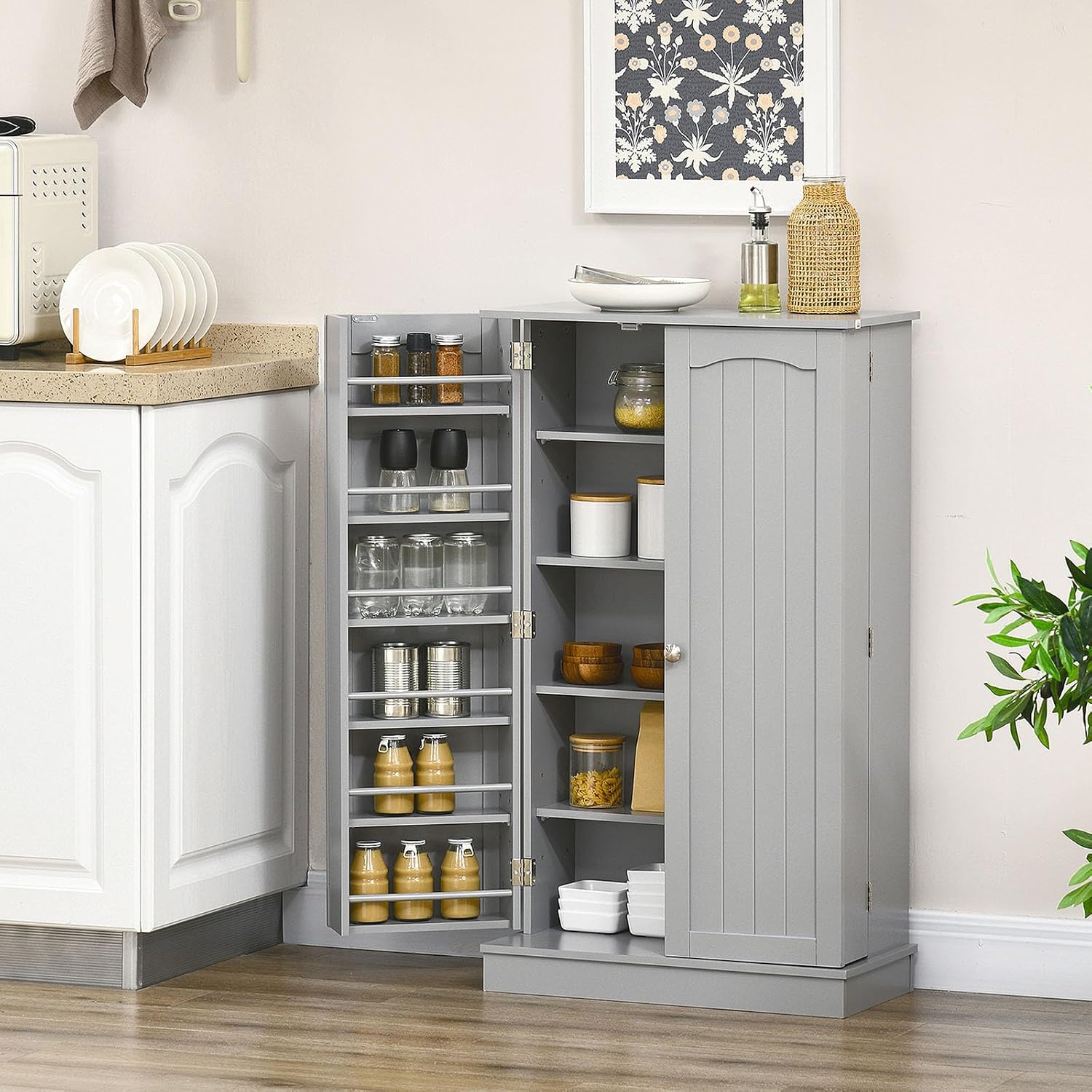 41" Kitchen Pantry Storage Cabinet, Freestanding Kitchen Cabinet with 12 Door Shelves, Double Doors, 5-Tier Shelving and Adjustable Shelves