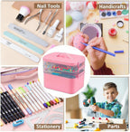 Gifhomfix 3-Layer Plastic Craft Organizers and Storage Box with Removable Trays, Storage Containers with lids and Handle, Art Supply Storage Organizer for Bead, Ornament, Nail Polish, Tape（Pink）