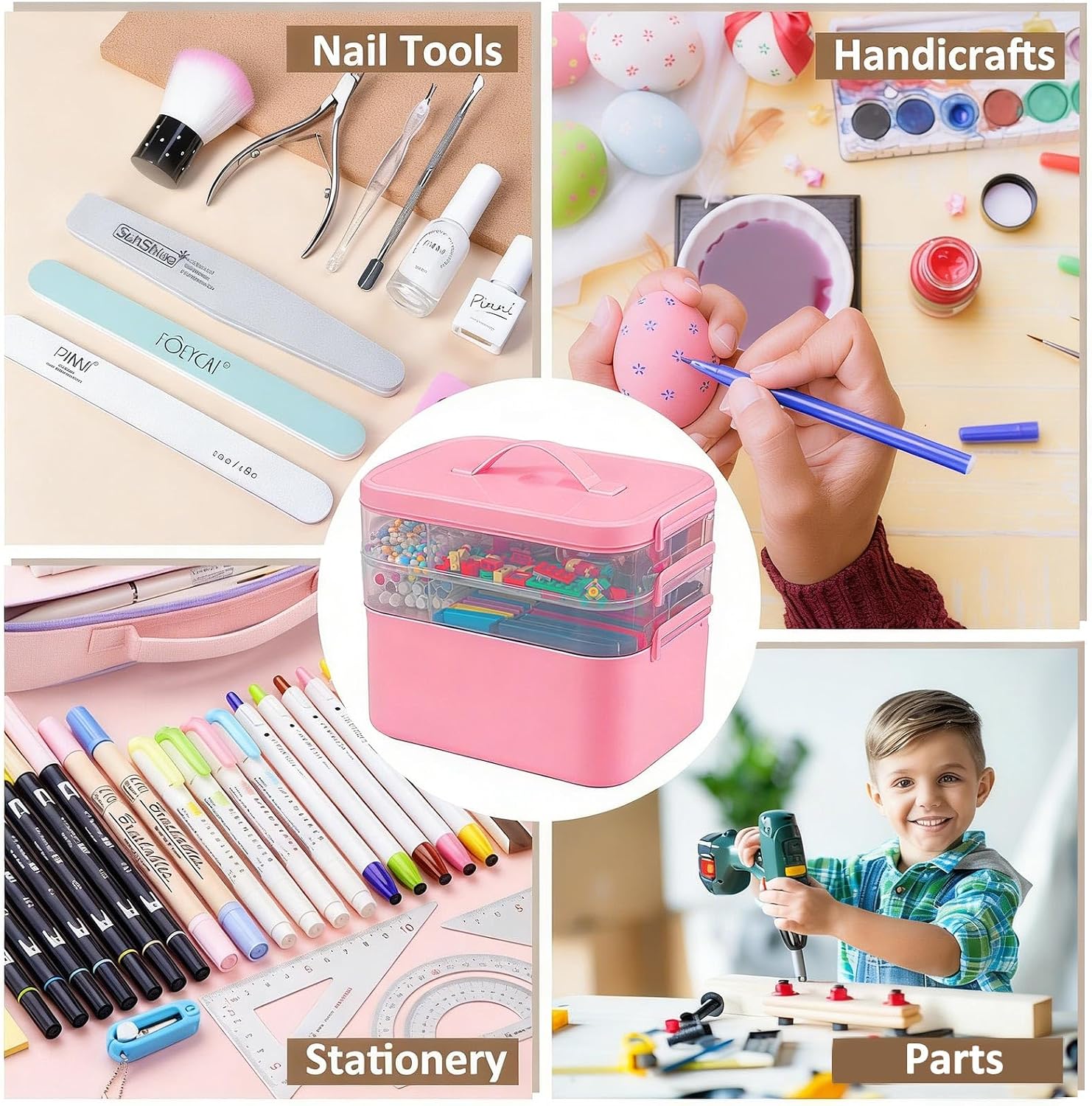 Gifhomfix 3-Layer Plastic Craft Organizers and Storage Box with Removable Trays, Storage Containers with lids and Handle, Art Supply Storage Organizer for Bead, Ornament, Nail Polish, Tape（Pink）