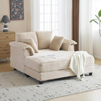 VINGLI 56" Oversized Chaise Lounge Chair, Beige Comfy Corduroy Chaise Sofa Recliner Bed Upholstered Sleeper Couch Bed with Throw Pillows and Armrests for Living Room, Movie Room, Bedroom