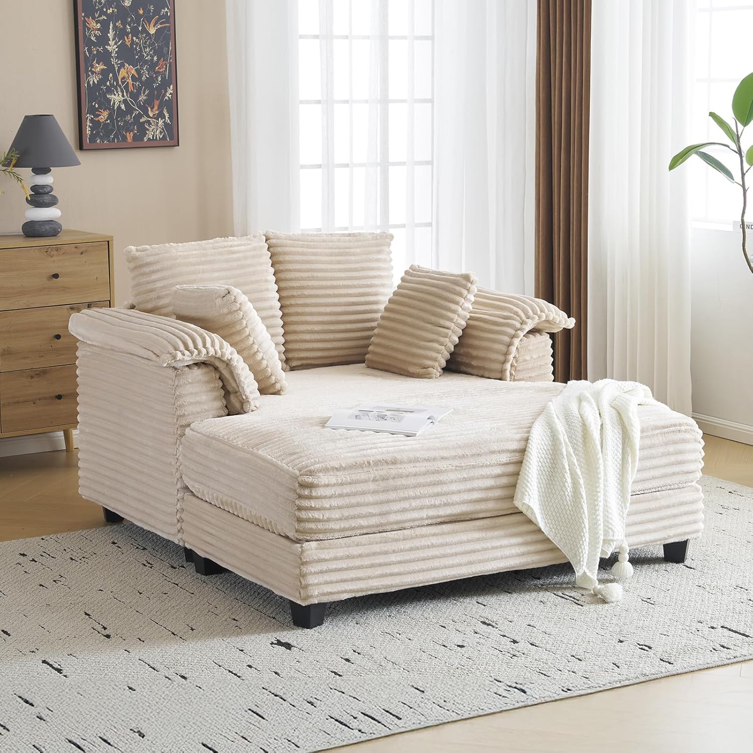 VINGLI 56" Oversized Chaise Lounge Chair, Beige Comfy Corduroy Chaise Sofa Recliner Bed Upholstered Sleeper Couch Bed with Throw Pillows and Armrests for Living Room, Movie Room, Bedroom