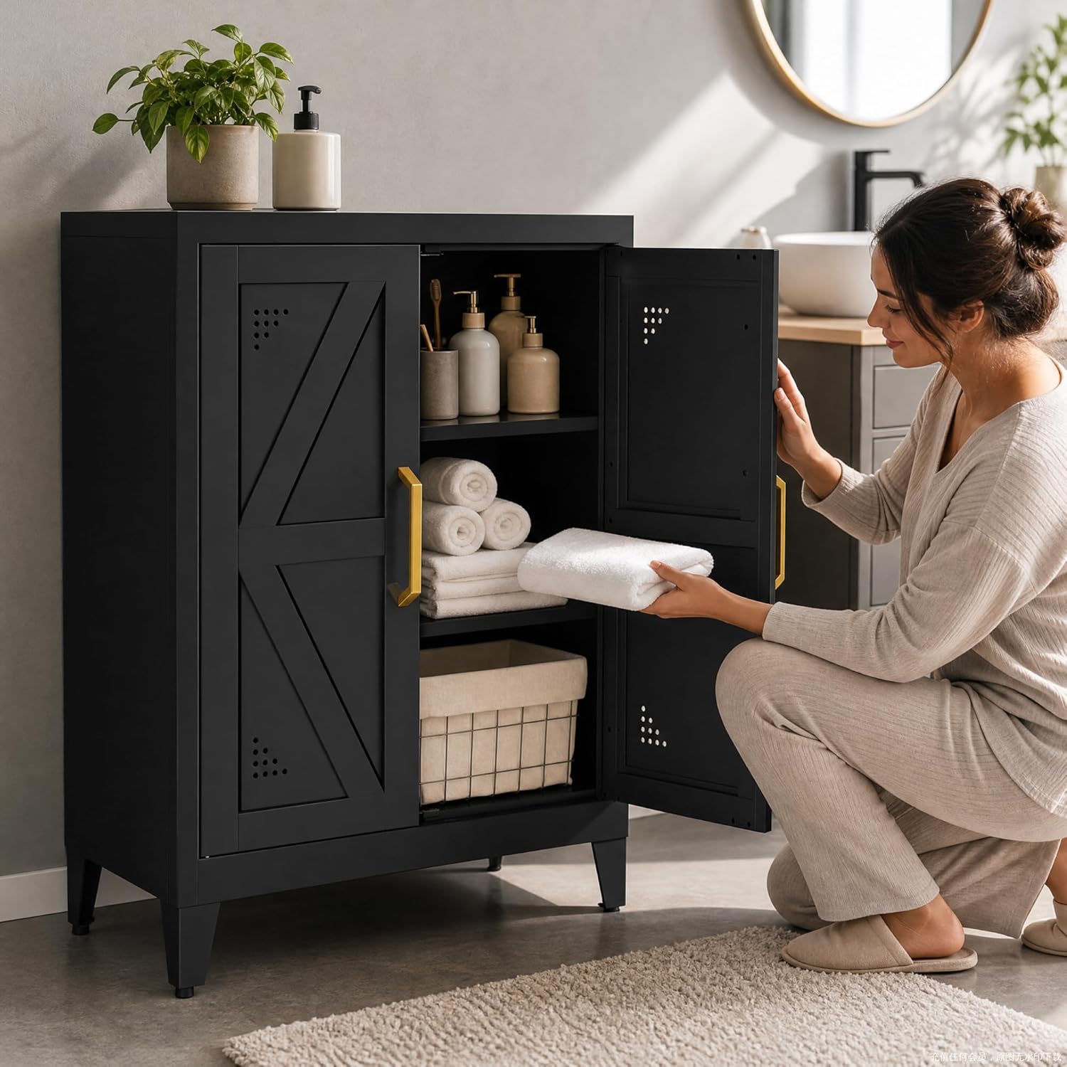 32" Metal Kitchen Pantry Cabinet,Floor Bathroom Storage Cabinet with 2 Adjustable Shelves,Freestanding Sideboard for Small Spaces, Living Room, Hallway, Dining Room,Black