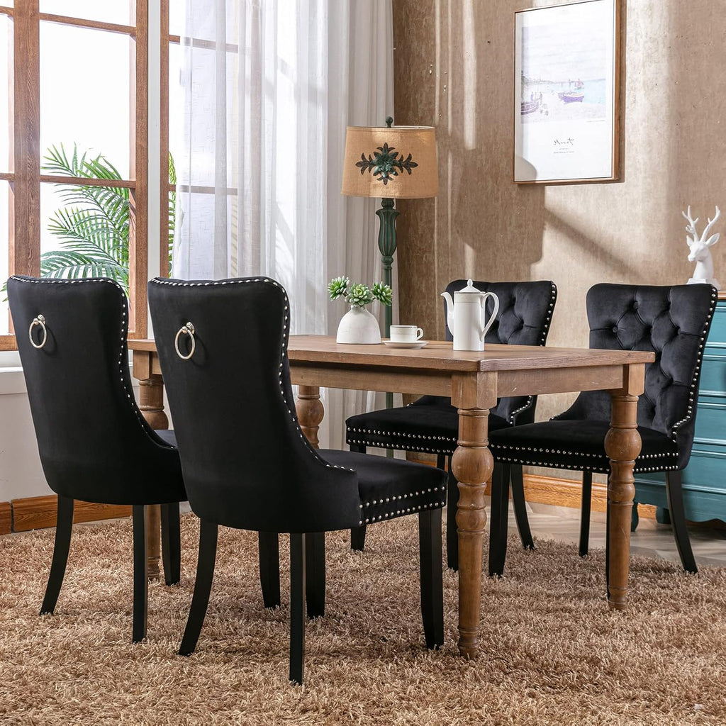 ODUSE-DAILY Black Velvet Dining Chairs Set of 8, Kitchen & Dining Room Chairs, Four Fabric Tufted Dinning Chairs, Velvet Upholstered, Wing Back, Metal Pull Ring, Wood Frame, Mid Century Modern
