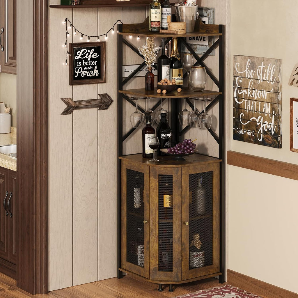JKsmart Corner Bar Cabinet with LED Lights, 5-Tier Industrial Wine Bar Cabinet with Glass Holder, Farmhouse Liquor Cabinets with Shelf and Door, Home Bar for Coffee Bars, Rustic Brown