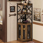 JKsmart Corner Bar Cabinet with LED Lights, 5-Tier Industrial Wine Bar Cabinet with Glass Holder, Farmhouse Liquor Cabinets with Shelf and Door, Home Bar for Coffee Bars, Rustic Brown