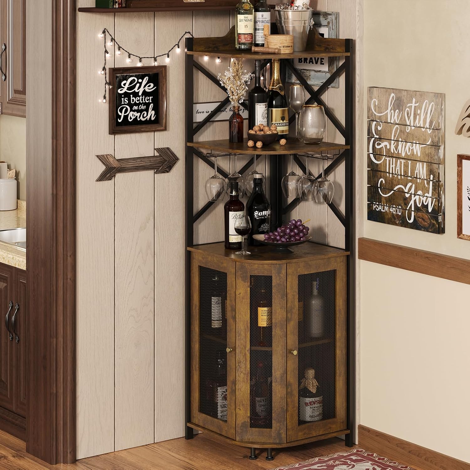 JKsmart Corner Bar Cabinet with LED Lights, 5-Tier Industrial Wine Bar Cabinet with Glass Holder, Farmhouse Liquor Cabinets with Shelf and Door, Home Bar for Coffee Bars, Rustic Brown