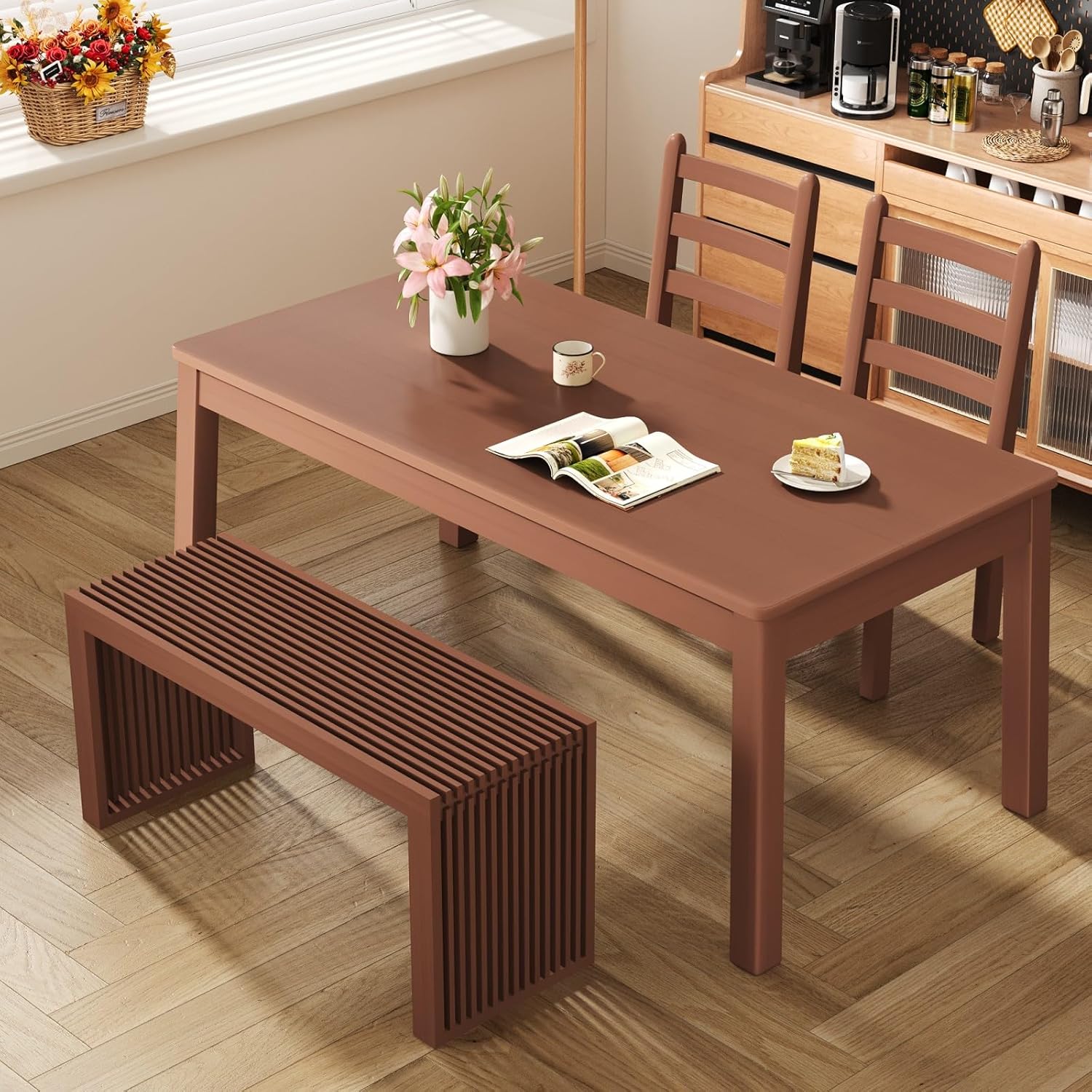 Bamboo Indoor Long Dining Bench, Outdoor Modern Wood Benches 35 Inch Bamboo Bench for Living Room Hallway Bedroom Bathroom
