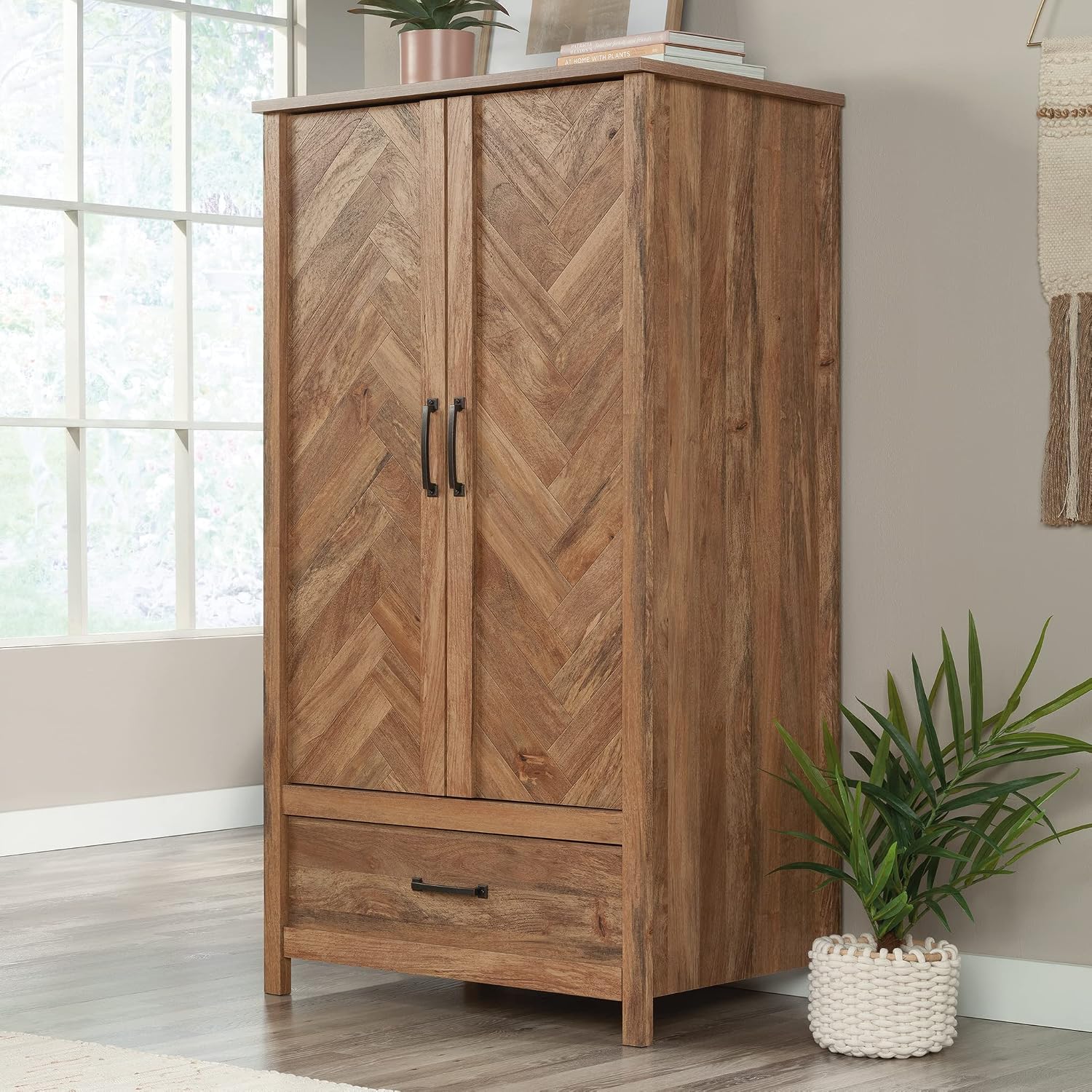 Sauder Cannery Bridge 32.36" W x 22.52" D x 59.80" H Armoire & Dresser in Sindoori Mango Finish with Garment Rod & 6 Drawers