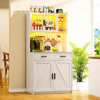 Gurexl 64" Farmhouse Kitchen Pantry with Auto Sensor LED,Storage Cabinets with 2 Outlets for Microwave & USB-C Ports,Hutch Cabinet with Pegboard,2 Cabinet,2 Drawers,1 Large Countertop