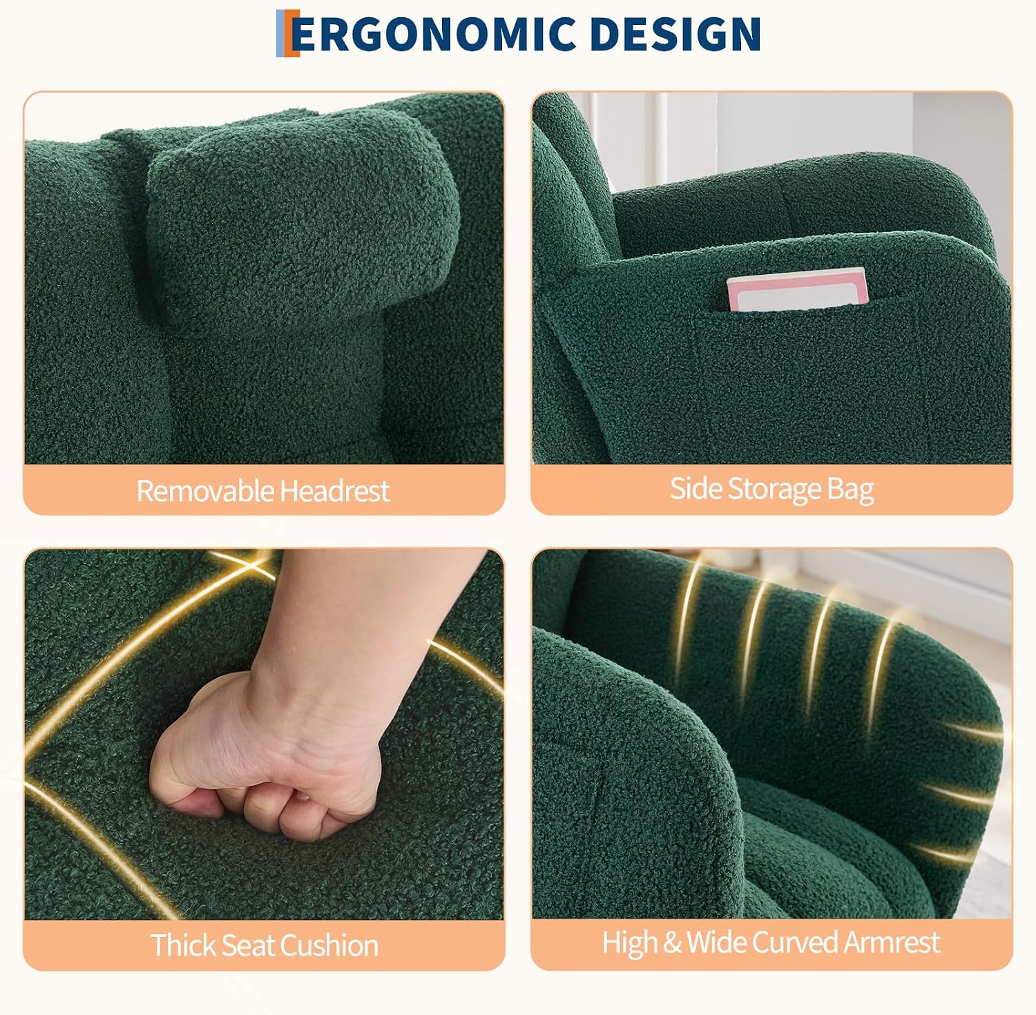 Rocking Chair Nursery Teddy with Pillow&High Backrest Armchair,Fabric Upholstered Accent Chair Nursing Chairs for Living Room, Bedroom,Dark Green