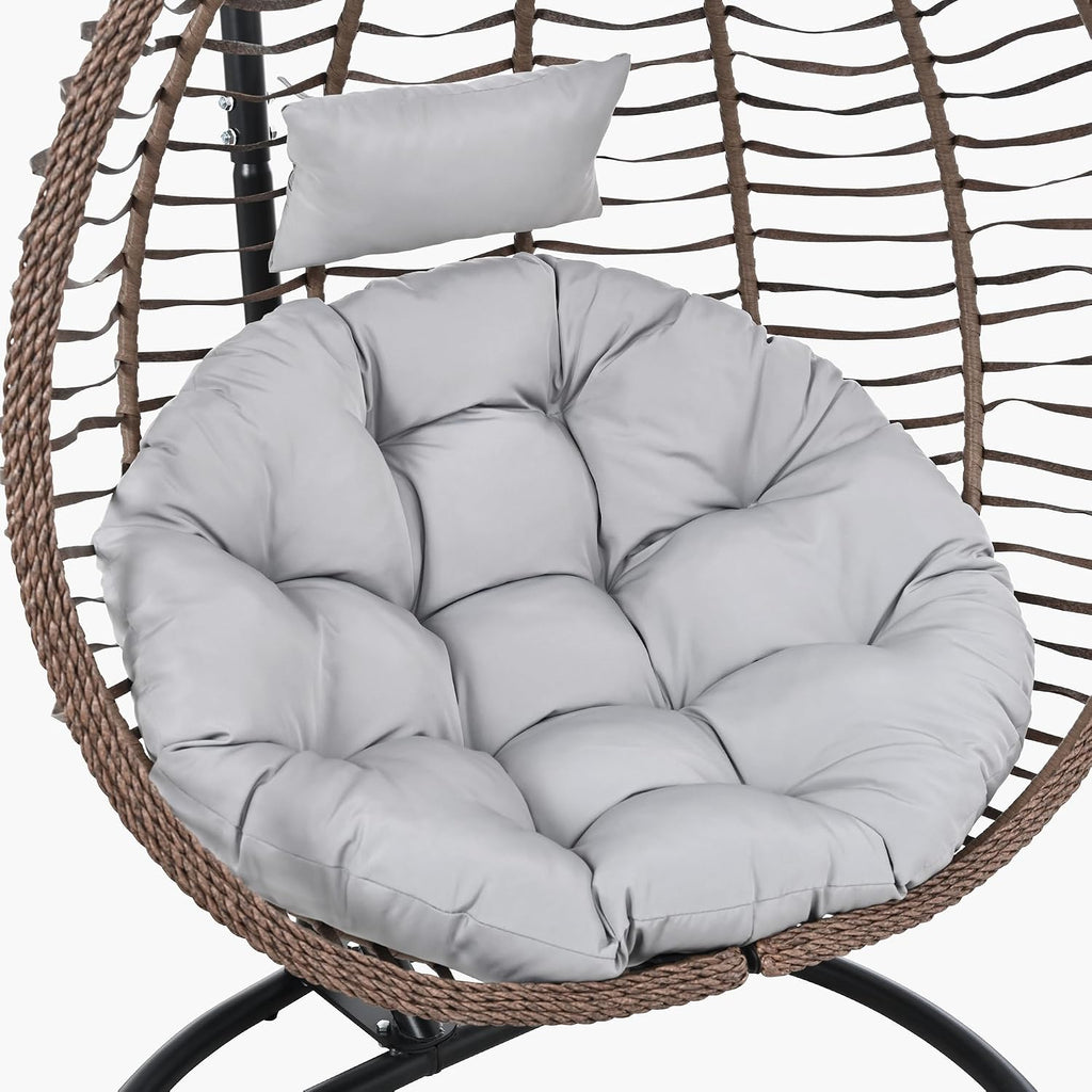 Mirightone Hanging Egg Chair with Stand, Foldable Wicker Egg Swing Chair for Patio Porch Balcony Bedroom, HDPE Rattan Hanging Chair with Plush Cushion, Removable Headrest & Adjustable Feet,Brown+Grey