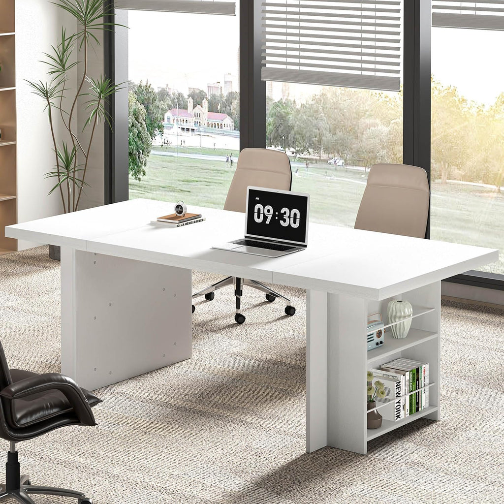 FOLUBAN 70" White Computer Desk, Large Executive Desk for Home Office, Modern Wood Conference Table Workstation with Side Storage Shelves, Long Study Writing Gaming Table for 2 Person