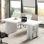 FOLUBAN 70" White Computer Desk, Large Executive Desk for Home Office, Modern Wood Conference Table Workstation with Side Storage Shelves, Long Study Writing Gaming Table for 2 Person