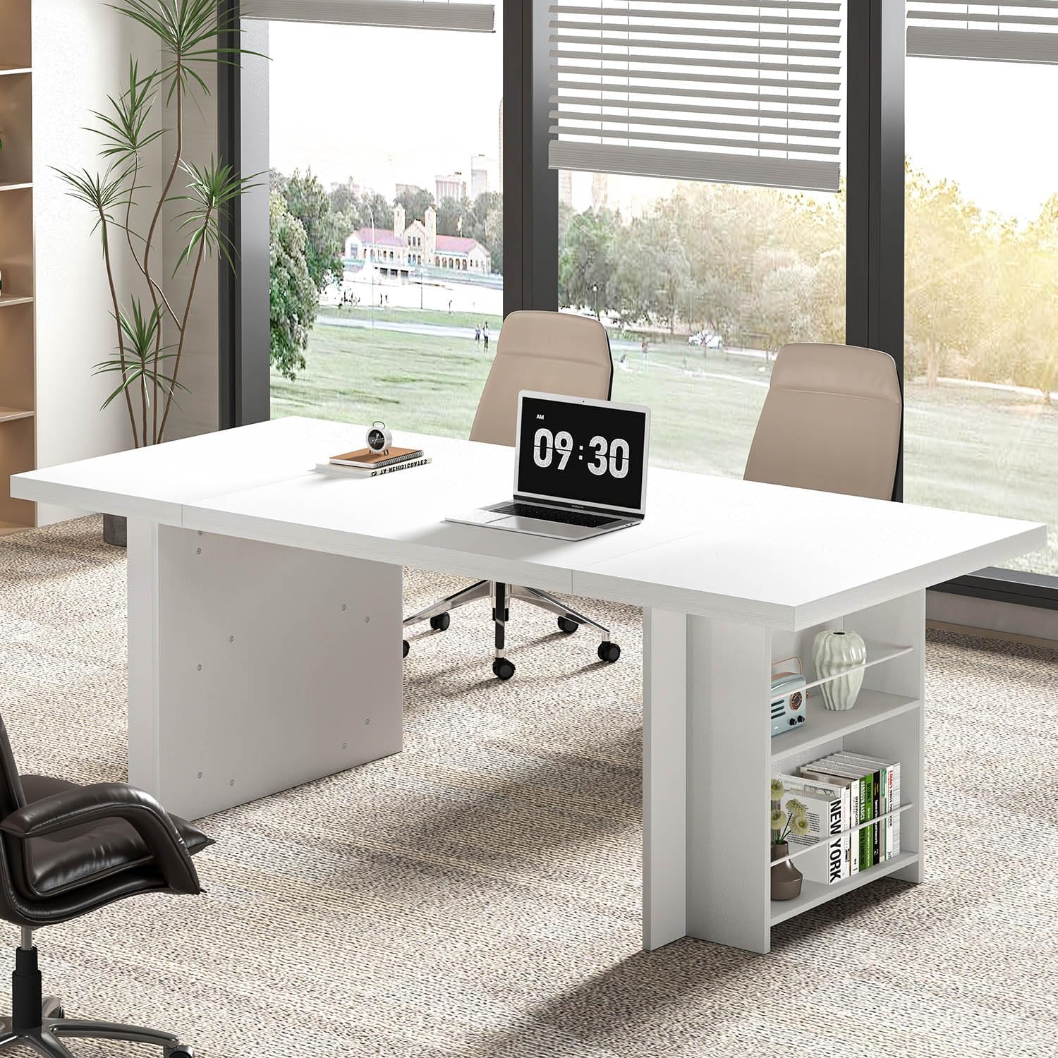 FOLUBAN 70" White Computer Desk, Large Executive Desk for Home Office, Modern Wood Conference Table Workstation with Side Storage Shelves, Long Study Writing Gaming Table for 2 Person