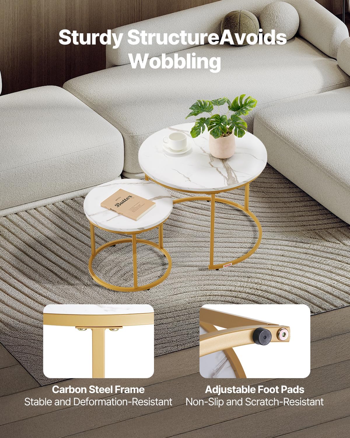 VEVOR Nesting Coffee Table Set of 2, 23.6 in Round Coffee Table, Nesting Tables for Small Place, Vintage End Side Tables Night Stand with Metal Frame, for Living Room, Bedroom, Office (White & Gold)