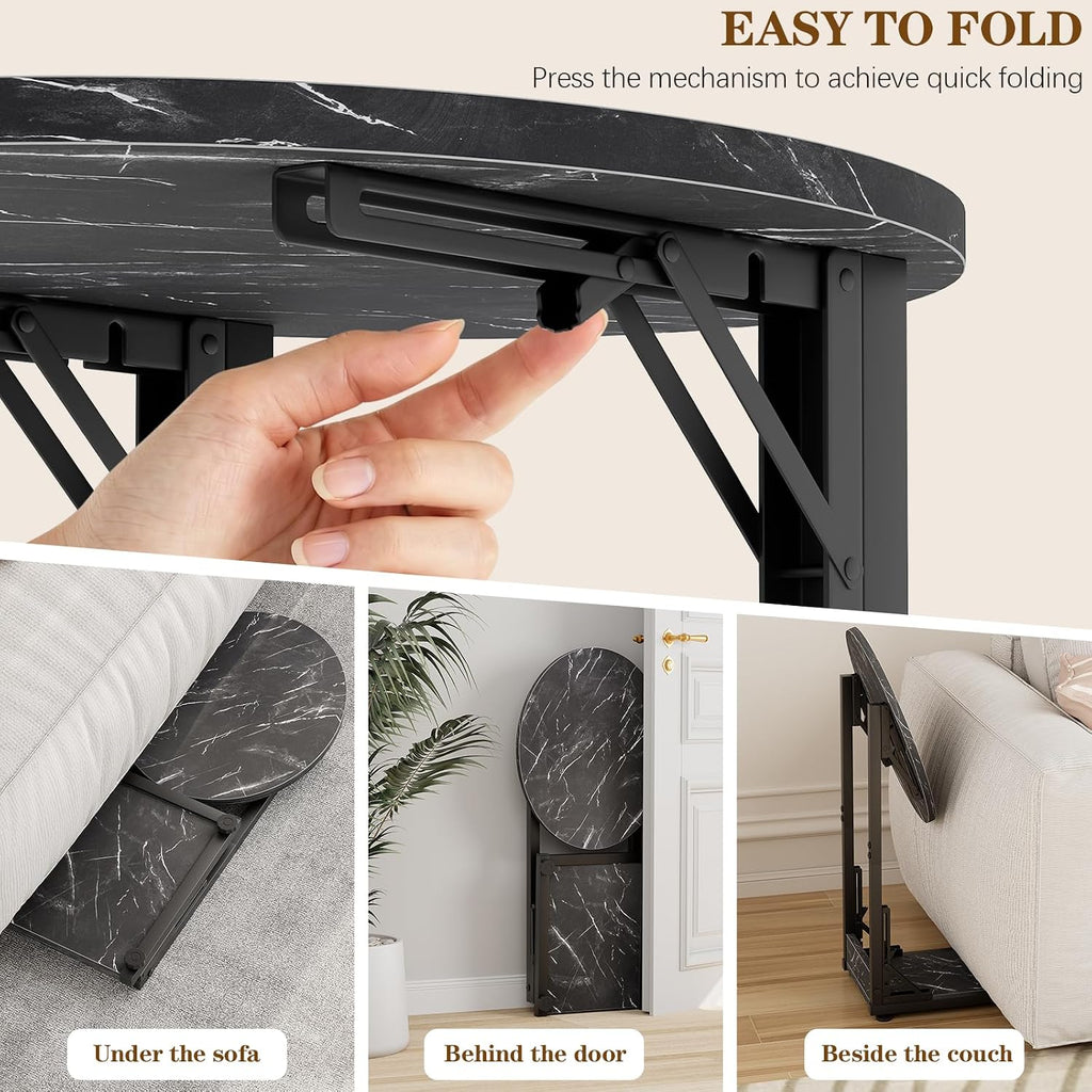 Folding Side Table, C Shaped End Table with Metal Frame, Round Couch Table & Slide Under Sofa TV Tray Table for Living Room, Bedroom, Small Spaces (Marble Black)