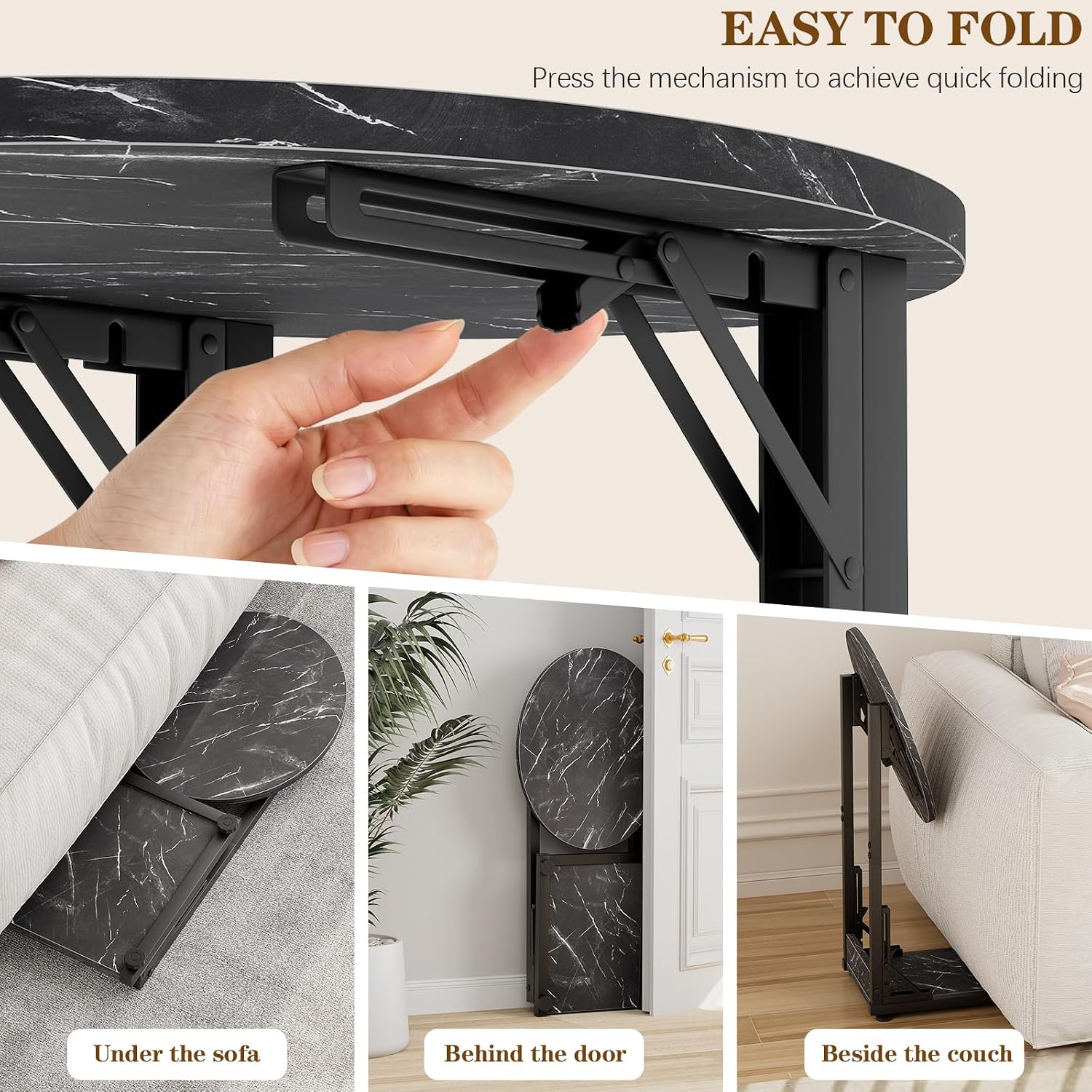 Folding Side Table, C Shaped End Table with Metal Frame, Round Couch Table & Slide Under Sofa TV Tray Table for Living Room, Bedroom, Small Spaces (Marble Black)