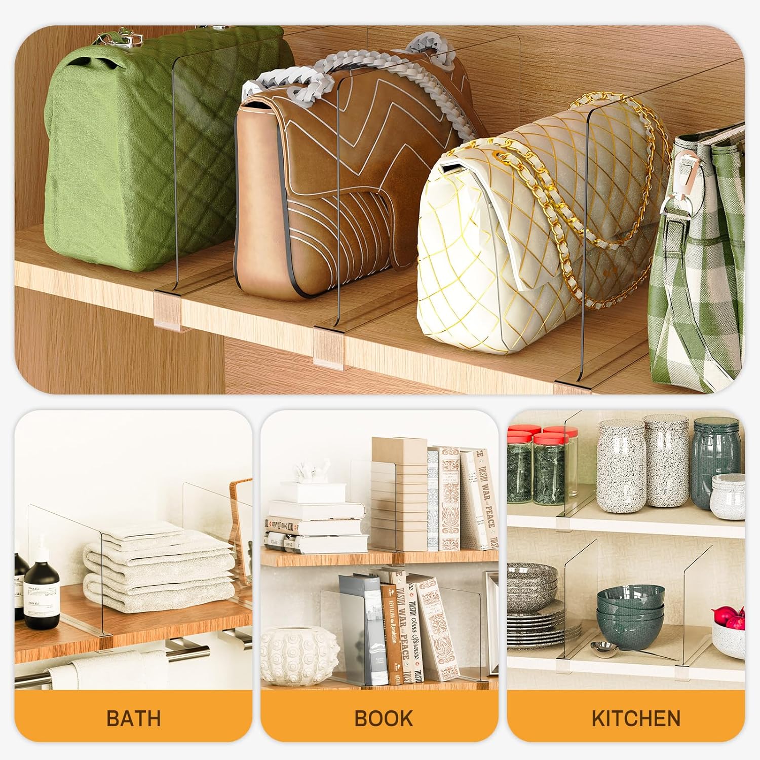 12 Pack Closet Shelf Dividers Organizer Purse Clothes Organization Acrylic Clear Tall Divider Separators for Wood Wire Thick Shelves Kitchen Office Bookshelf Storage Handbags Bag Sweater