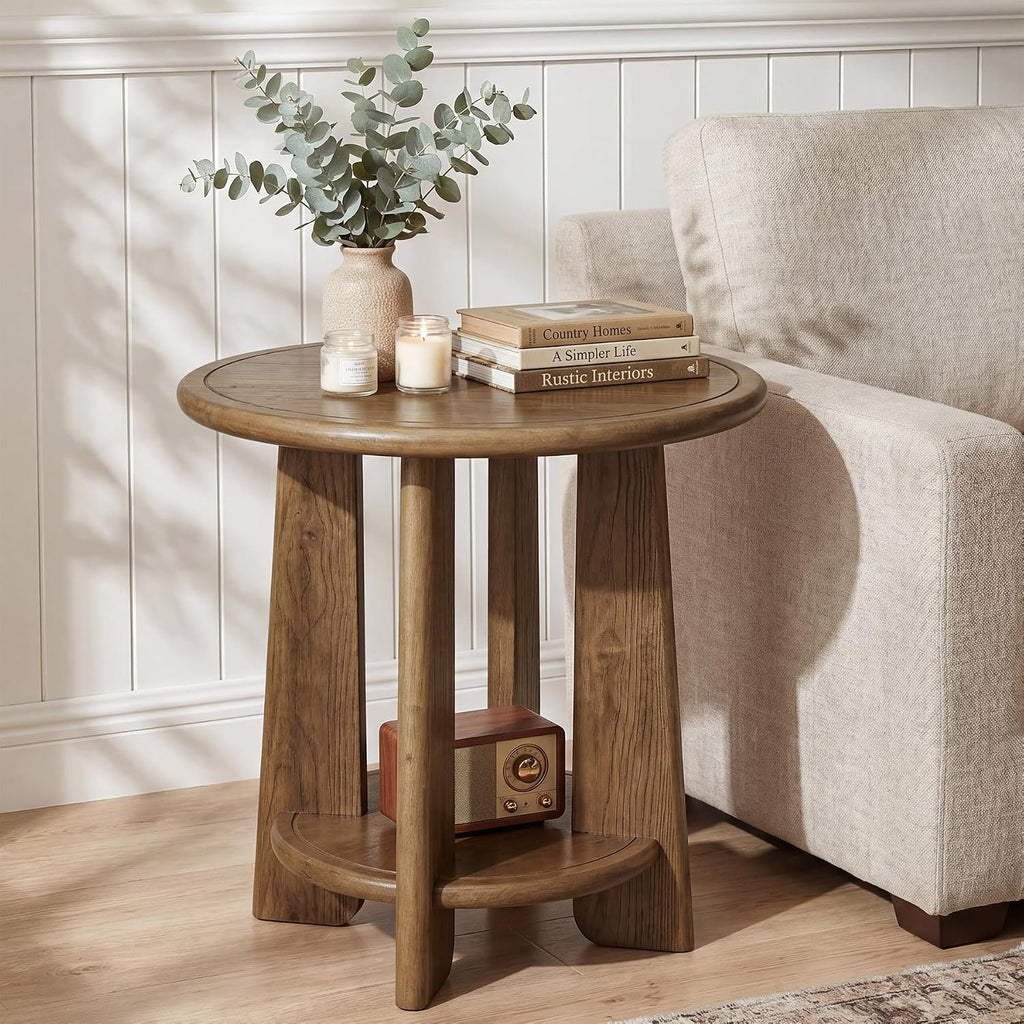 Solid Wood Side Table, 2-Tier Round Accent End Table, Bedside Nightstand with Shelf for Small Space, Living Room, Bedroom, Vintage, Easy Assembly