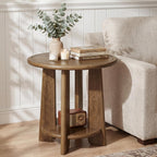 Solid Wood Side Table, 2-Tier Round Accent End Table, Bedside Nightstand with Shelf for Small Space, Living Room, Bedroom, Vintage, Easy Assembly