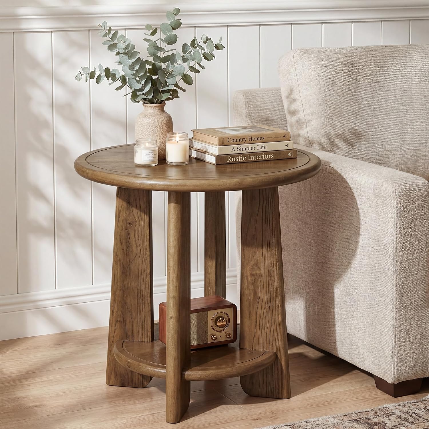 Solid Wood Side Table, 2-Tier Round Accent End Table, Bedside Nightstand with Shelf for Small Space, Living Room, Bedroom, Vintage, Easy Assembly