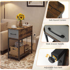 GOFLAME LED End Table with Hidden Charging Station, Narrow Compact Sofa Side Table with Storage Shelf & Fabric Drawer, Industrial Nightstand for Living Room, Bedroom, Rustic Brown (1)