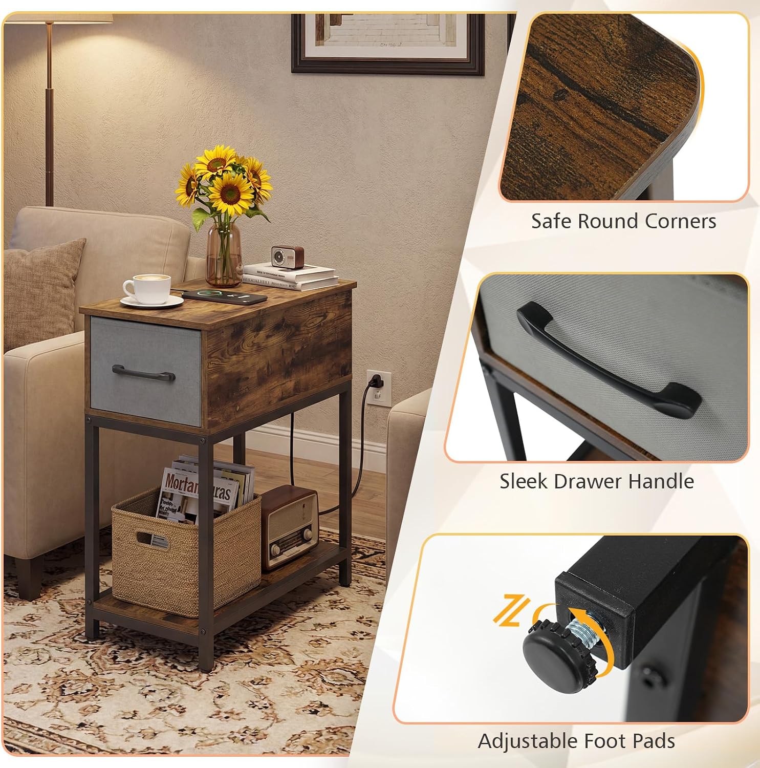 GOFLAME LED End Table with Hidden Charging Station, Narrow Compact Sofa Side Table with Storage Shelf & Fabric Drawer, Industrial Nightstand for Living Room, Bedroom, Rustic Brown (1)