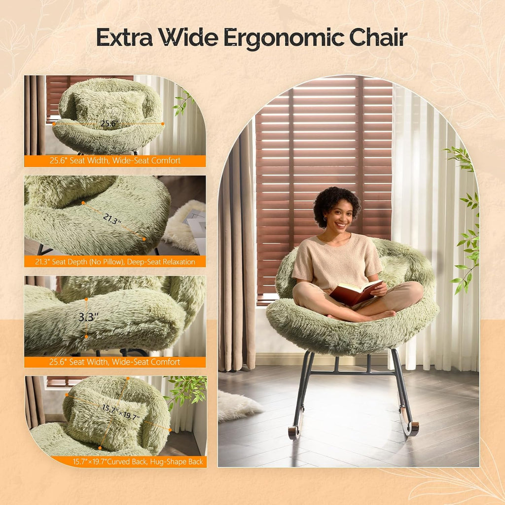 VINGLI 25.6" Extra Wide Criss Cross Nursery Rocking Chair,Cute Curved 115° Reclining Armless Glider,Plush Small Rocker w/Pillow & Solid Wood for Indoor,Bedroom, Living Room,Fluffy Fleece,Lawn Green