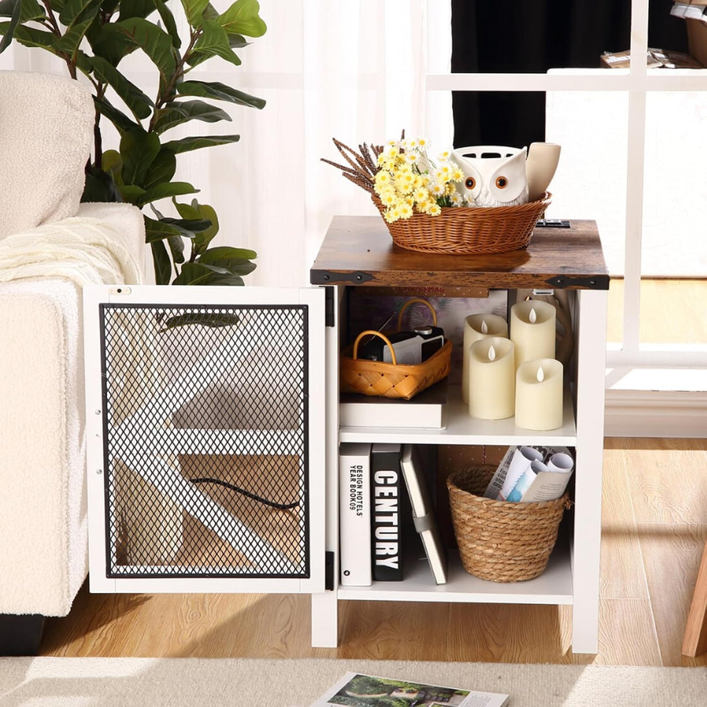 18" Farmhouse Nightstand with Charging Station, Wood Side Table, End Table with Adjustable Shelf, Rustic Bedside Cabinet with Mesh Barn Door for Bedroom, Living Room