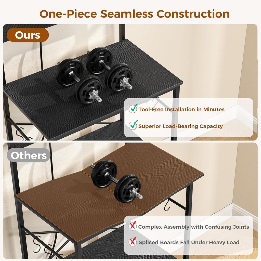 VUSIGN Kitchen Bakers Rack with Power Outlet, 4 Tiers Microwave Stand with Storage, 23.6 Inch Coffee Bar Station with 6 S Hooks, Adjustable Shelf Rack for Pots/Pans/Spices, Black