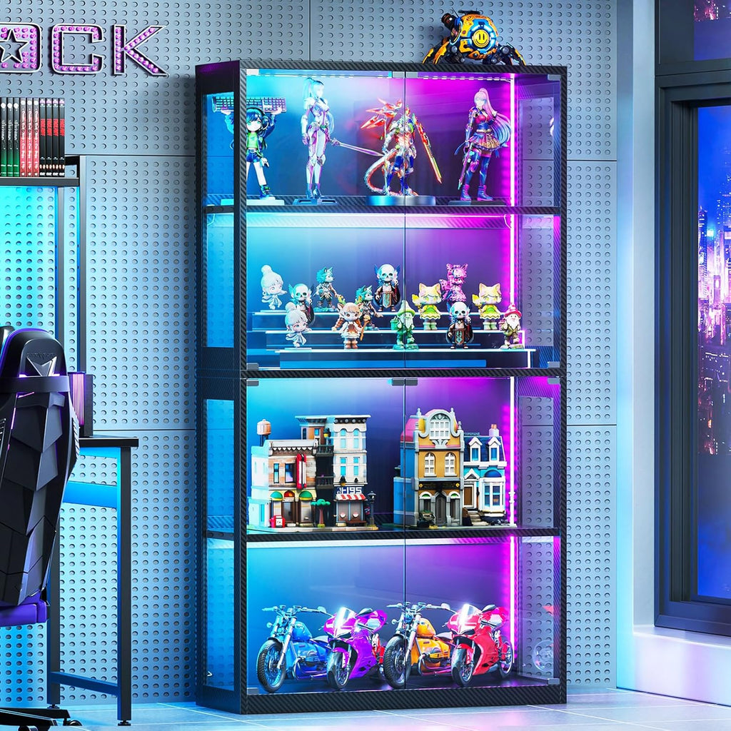 AODK Glass Display Cabinet with Glass Doors, 4-Tier Display Case with RGB Lights, Glass Cabinet Shelf for Collectibles and Storage, Black Curio Cabinet for Gaming Room
