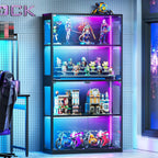 AODK Glass Display Cabinet with Glass Doors, 4-Tier Display Case with RGB Lights, Glass Cabinet Shelf for Collectibles and Storage, Black Curio Cabinet for Gaming Room