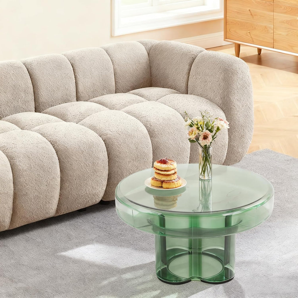 Coffee Table, Round Glass Side Table with Unique Petal Design Pedestal, Simple Center Tables, Modern End Tables with Tempered Glass-Base and Top for Small Spaces