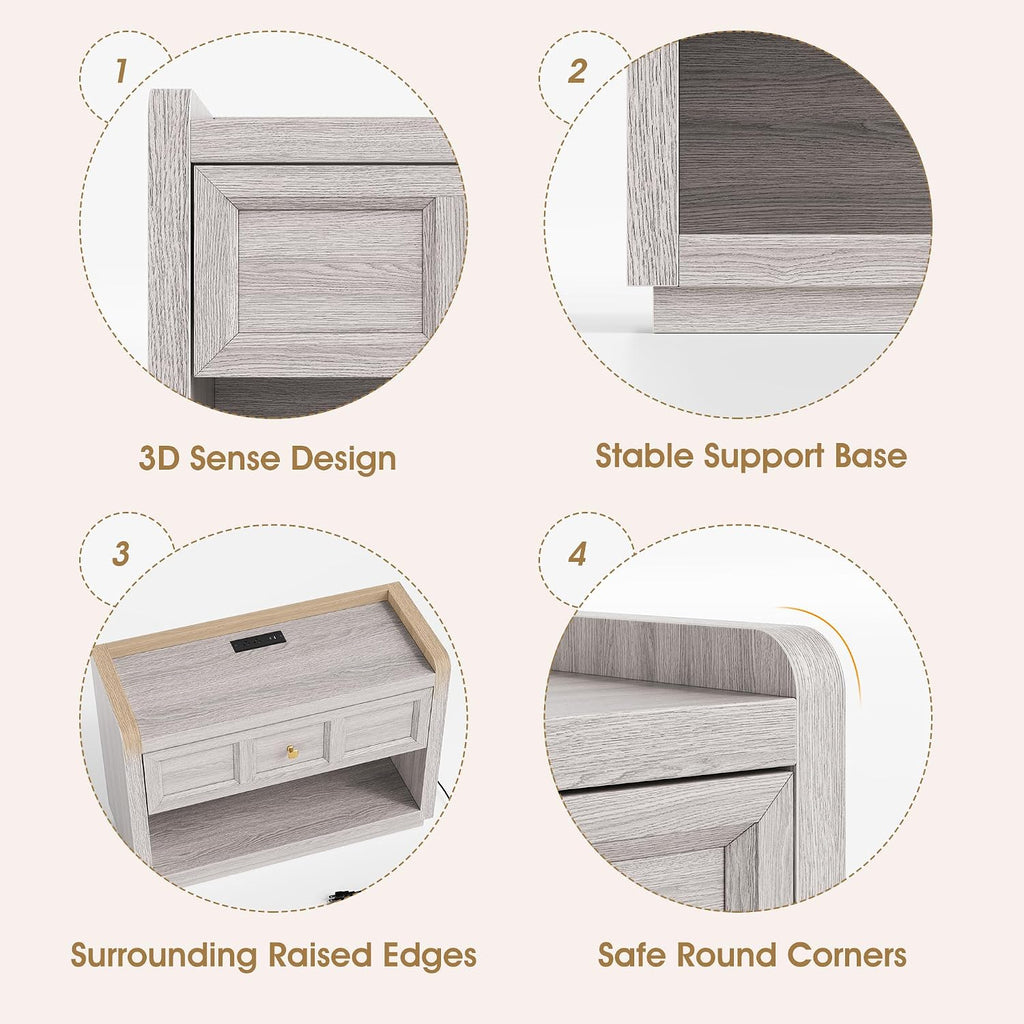 Night Stand Set of 2 with Charging, 31" Farmhouse Nightstands with Drawer Storage Large Modern King Size Bed Side Table for Bedroom Living Room Sofa Office, Grey
