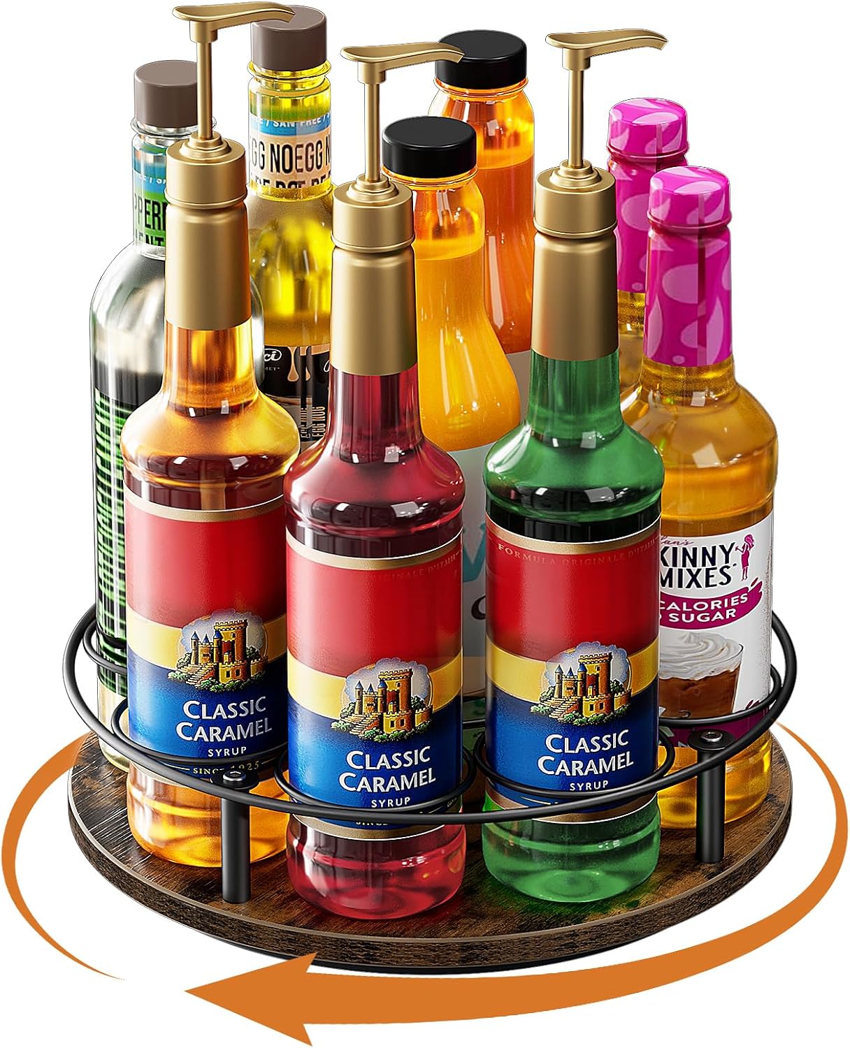 Nuovoware 9 Bottles Rotating Coffee Syrup Rack, Brown+Black | Carbon Steel Frame, Wooden Base Bottle Holder, for Coffee Flavored Syrups Table Top Thermos Liquor